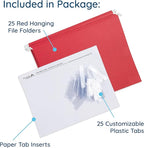 25 Blue Summit Supplies Red Hanging File Folders Letter Size – Durable 11pt Paper, Plastic Tabs and Inserts Included, Fits Standard Filing Cabinets and Desktop Organizers