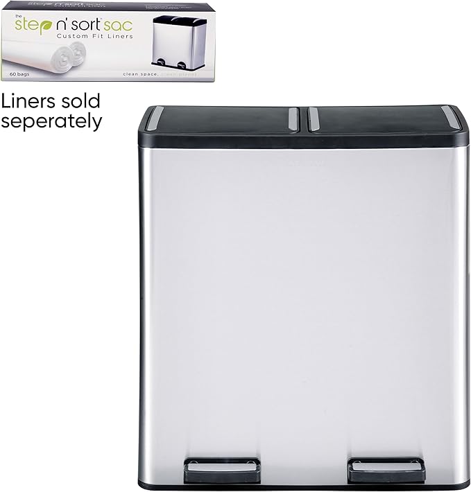 The Step N' Sort 18.5 Gallon Extra Large Capacity, Soft-Step, Dual Trash and Recycling Bin with Removable Inner Bins, Silver