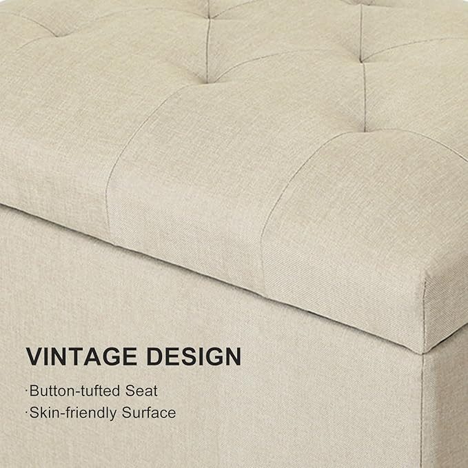 Decent Home 24" Storage Ottoman, Fabric Ottoman Foot Rest Stool with Hinged Lid, Tufted Rectangle Upholstered Footstool, Load Up to 350 lb, for Living Room, Bedroom, Dorm, Tan