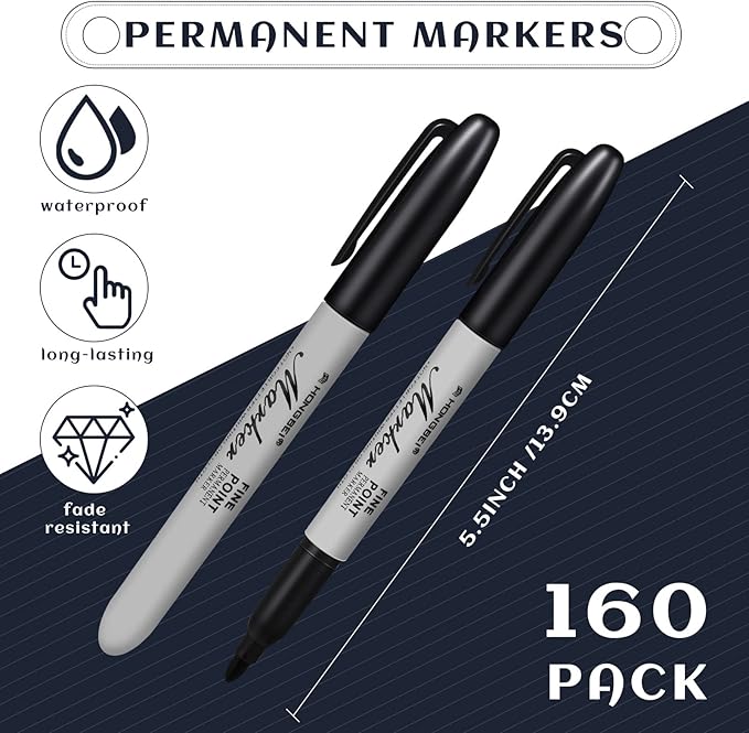 Thenshop 160 Pack Black Permanent Markers Bulk - Fine Point Permanent Marker Quick Drying Waterproof Pens for Doodling Writing Marking Classroom Work on Wood Metal Stone Glass, Office School Supplies