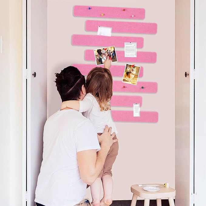 Vuzvuv 8 pcs Bulletin Board Bar Strips with 50 Pushpins & 10 Wooden Clip pins，Self Adhesive Cork Board for Wall，Felt Pin Board for School，Office Decor(Pink)