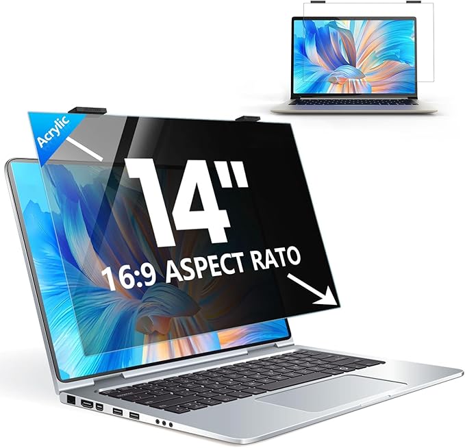 GUDTEKE Laptop Privacy Screen 14 inch, 9H Hanging Privacy Screen for Laptop for 16:9, Acrylic HD Eye Protection Anti Glare Blue Light Laptop Screen Privacy Filter