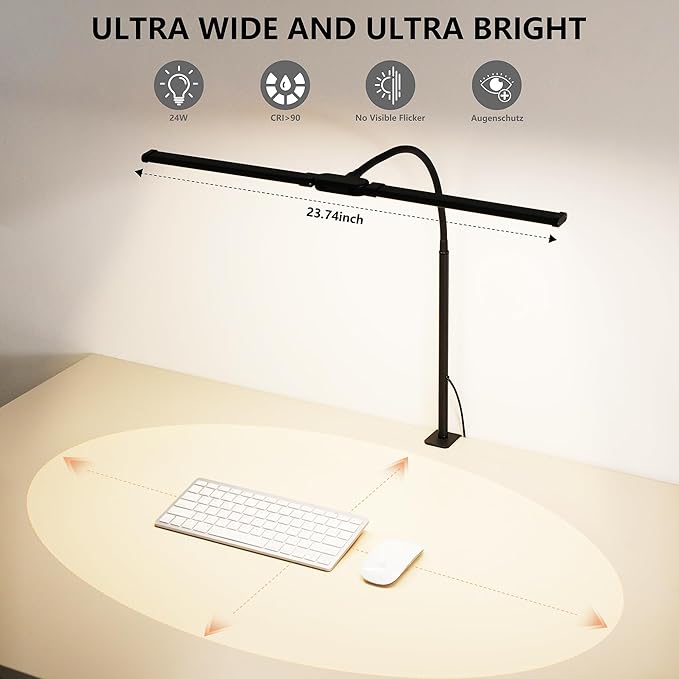 FAPEMIH Dual-Head LED Desk Lamp for Office Home, Adjustable Flexible Eye-Caring Desk Light, 5 Modes 10 Brightness Adjustment, USB Adapter Desk Lamp with Clamp-ST-B