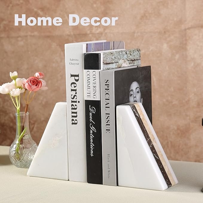 Karibiber Marble Book Ends, Non-Skid Bookends for Shelves, Composite Bookend with Natural Marble, Heavy Duty Book Stopper, Collected CDs and Oversized Books Organizer, Gold & Black Decorative Bookends