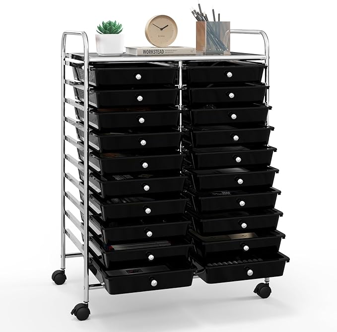 Happygrill 20-Drawer Organizer Cart Tools, Mobile Utility Storage Cart with Removable Drawers & Lockable Wheels, Rolling Storage Cart with wheels for Home Office School (Black)