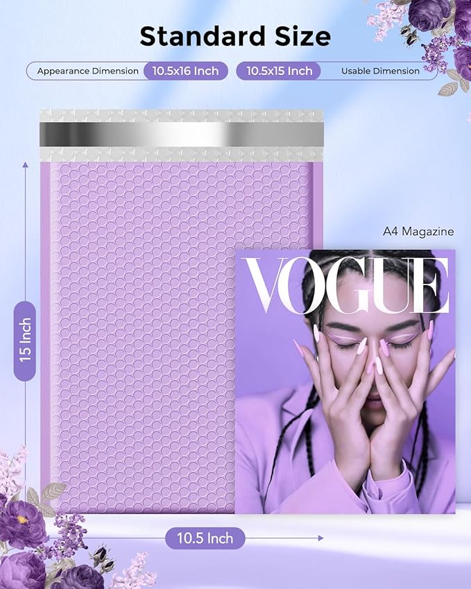 Metronic Bubble Mailers 10.5x16 Inch 40 Pack Lavender Purple Large Bubble Mailer Waterproof Padded Envelopes Mailing Envelopes Bubble Padded for Gift Packaging, Mailing, Shipping, Small Business