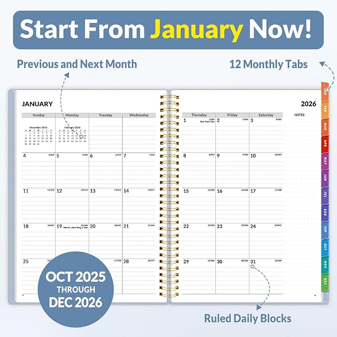 SUNEE 2026 Weekly and Monthly Planner - from January 2026 - December 2026, Daily Agenda Planner with Monthly Tab, Flexible Cover, Note Pages, Pockets, Bookmark, Spiral Binding, Gray Blue, 8.5"x11"