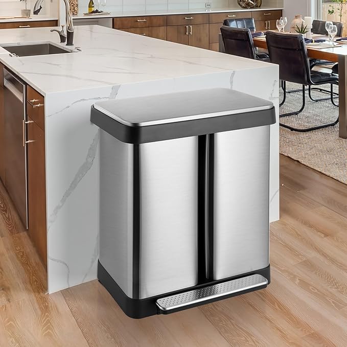 ComfyCorner 16 Gallon Dual Compartment Trash Can, Hands-Free Recycling Rectangular Garbage Bin, Stainless Steel Step-On Dustbin with Soft-Close Lid, Removable Inner Buckets, for Kitchen Home