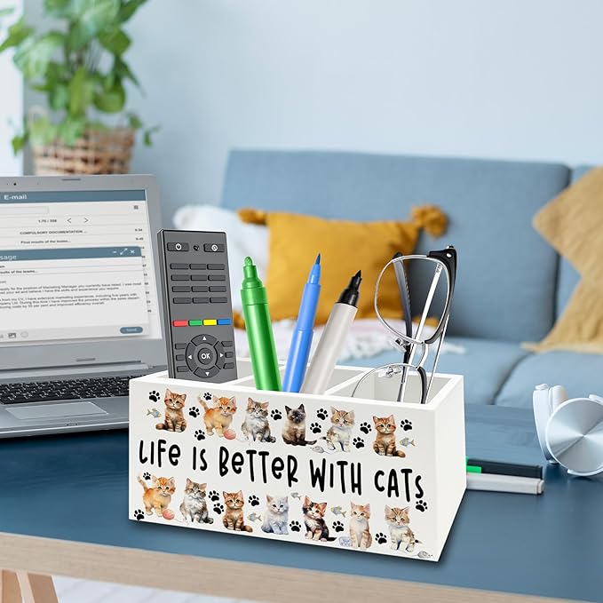 QZQE Cat Pen Pencil Holder Organizer for Desk, Cat Lovers Mom Lady Gifts for Women, Life Is Better with Cats Wooden Box Signs Decorations for Home Office Desk Tabletop, Gifts for Pet Lovers