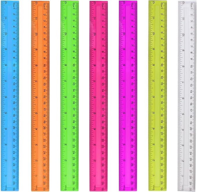 7PCS Clear Ruler, 12 Inch Plastic Rulers for School, Home, or Office, Clear Plastic Rulers, Assorted Colors.