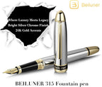 BEILUNER 315 Silver Chrome Fountain Pen,Stunning Luxury Pens with 24K Gold Accents, Gorgeous 24K Gilded Nib(Medium), Ink Converter,Fancy Pen Gift for Men&Women-Elegant, Office, Reliable, Nice Design