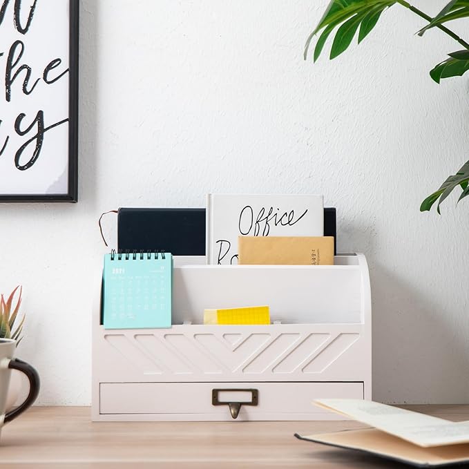VERGOODR Solid Wooden Desk Drawer Organizer Desktop File Sorter,Desktop Mail Organizer with Handle For Office Supplies,Office Desk Accessories & Workspace Organizers for Home Organization (white)