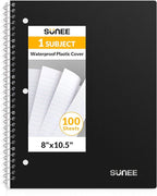 SUNEE Spiral Notebook, 1-Subject, Wide Ruled Paper, 8" x 10-1/2", 100 Sheets per Notebook, 3-Hole Punched Paper, Water Resistant Cover, Double-sided Pockets, Spiral Lined Notebooks for School, Black