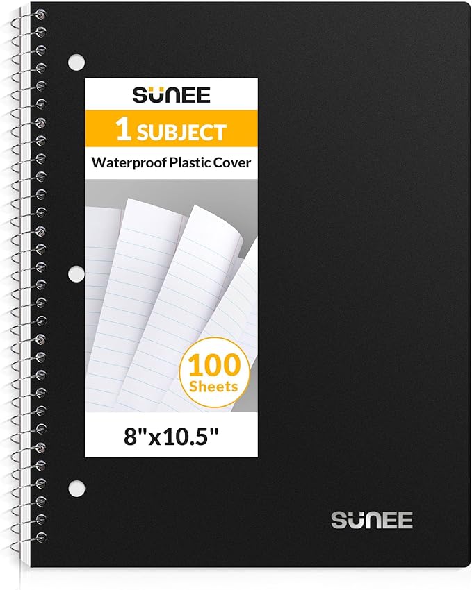 SUNEE Spiral Notebook, 1-Subject, Wide Ruled Paper, 8" x 10-1/2", 100 Sheets per Notebook, 3-Hole Punched Paper, Water Resistant Cover, Double-sided Pockets, Spiral Lined Notebooks for School, Black
