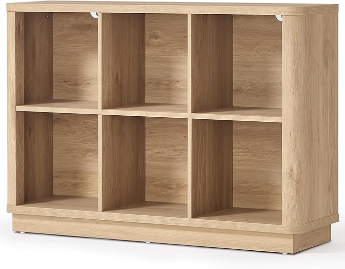 Joaxswe 6 Cube Storage Book Shelf, 40" Wide Low Horizontal Bookcase with Curved Edge, Floor Standing 2-Tier Wooden Bookshelf with Base, Modern Short Book Case for Bedroom, Study, Entryway, Natural Oak