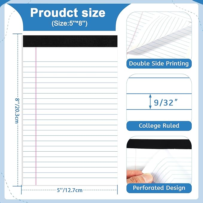 Thboxes 12 Pack Legal Pad 5x8, 360 Sheets Small Note Pad College Ruled Writing Pad Perforated Notepad for School, Office, To-Do Lists Grocery List Shopping List, 30 Sheets White