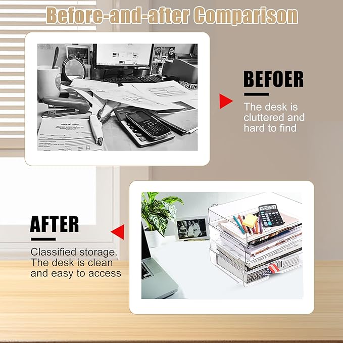 Clear Stackable Paper Trays 4 Pack, PET Letter Tray Desk Organizer, Desktop Organizers and Storage for Books, Magazines, Folders, A4 Size File Paper, Office Supplies