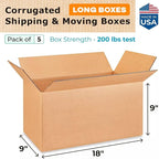 Long Moving & Shipping Boxes 18 x 9 x 9 inches (5-Pack) - Extra Strength 200 lb vs Regular - Corrugated Strong Boxes for Packaging Moving Stuff - Heavy Duty Box by IDL Packaging