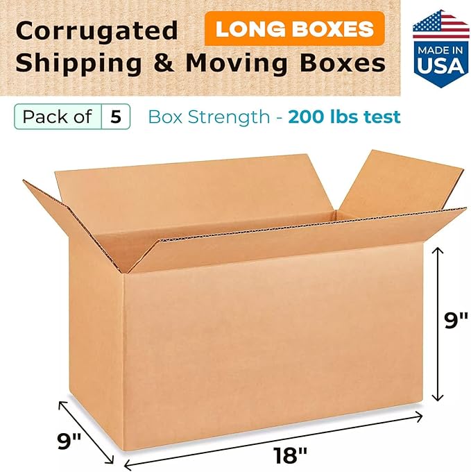 Long Moving & Shipping Boxes 18 x 9 x 9 inches (5-Pack) - Extra Strength 200 lb vs Regular - Corrugated Strong Boxes for Packaging Moving Stuff - Heavy Duty Box by IDL Packaging