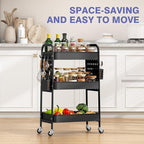 KINGRACK 3 Tier Rolling Cart with DIY Hanging Board, Metal Rolling Utility Cart with Wheels Handles Baskets Hooks, Rolling Storage Cart Suitable for Bathroom, Kitchen, Office, Nursery Diaper (Black)