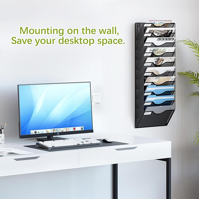 EasyPAG 10 Pocket Mesh Wall File Organizer, Hanging Paper Folder Holder with Classify Label, Vertical Wall Mount Mail Organizer for Office Home Classroom, Black