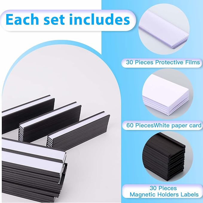 Eeoyu Magnetic Label Holders with Magnets Magnetic Data Card Holders with Clear Plastic Protectors for Metal Shelf, Whiteboard, Set of 30 (0.75 x 6 Inch)