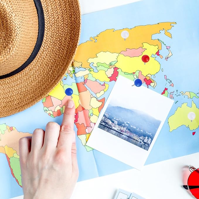 WILLBOND 500 Pack Map Push Pins Map Tacks Small Round Head Push Pins Thumb Tacks for Travel Picture Photo Bulletin Board Wall DIY Craft School Office Home(Red, Dark Blue, White,1/6 Inch)