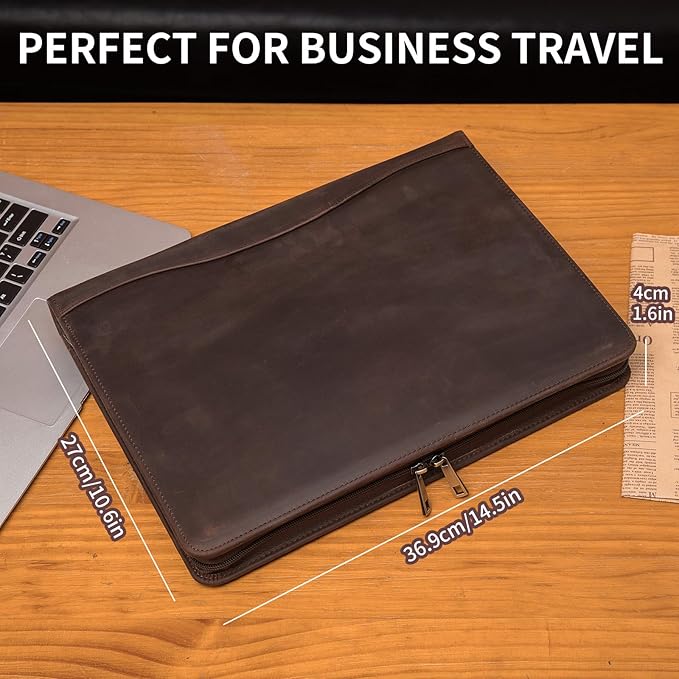 Geslun Genuine Leather Portfolio, Legal Size 8.5 x 14 Pad Holder, Business Padfolio for Men and Women, Zippered 14" Laptop Organizer, Executive Professional Work Travel Notepad Folio, Dark Brown