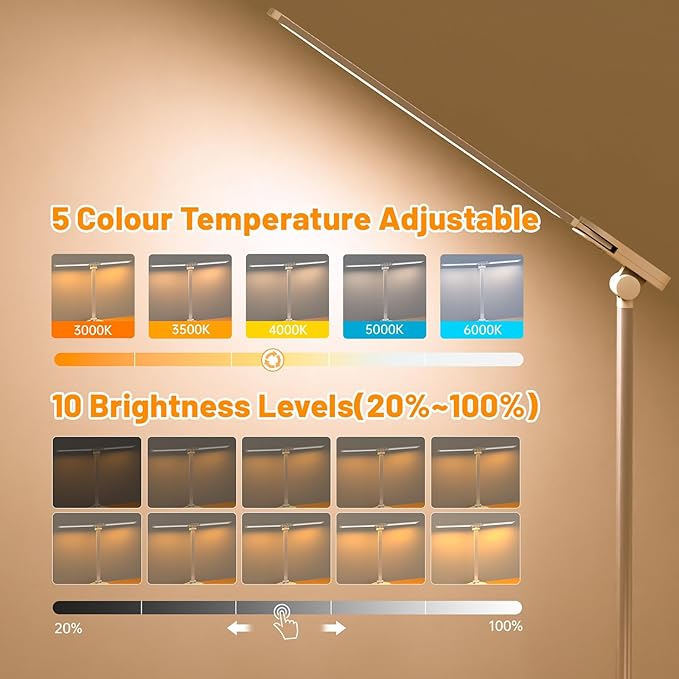 Ddlisu LED Desk Lamp with USB Charging Port, 5 Color Modes 10 Brightness, Dual Swing Arm Dimmable Desk Lamps for Home Office Nail Dorm (White)