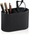 MEIBOOCH PU Leather Pen Holder for Desk, Small Remote Control Holder Pencil Cup Multifunctional Desktop Organizer Caddy for Home School Office Desk Accessories - 2 Compartments (Black Ribbed Texture)