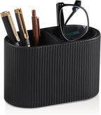 MEIBOOCH PU Leather Pen Holder for Desk, Small Remote Control Holder Pencil Cup Multifunctional Desktop Organizer Caddy for Home School Office Desk Accessories - 2 Compartments (Black Ribbed Texture)