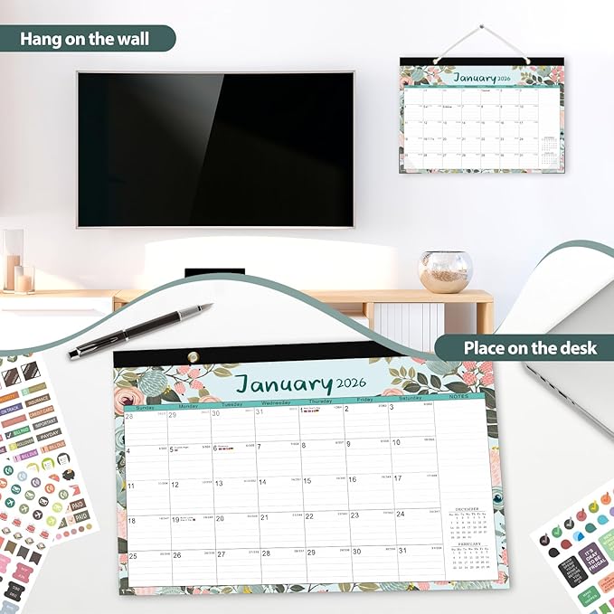 Desk Calendar 2026, Monthly Desktop Large Calendar (Jan 2026 - Jun 2027) 17" x 12" Desk Wall Planner for Family Teacher School Office Supplies, Flower
