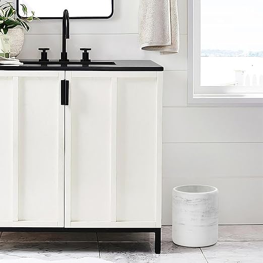 QL DESIGN Bathroom Trash Can - Decorative Wastebasket Finished in Resin, Beautiful Marble Look, Modern Round Waste Basket for Bathroom, Powder Room Or Living (Marble Style), white