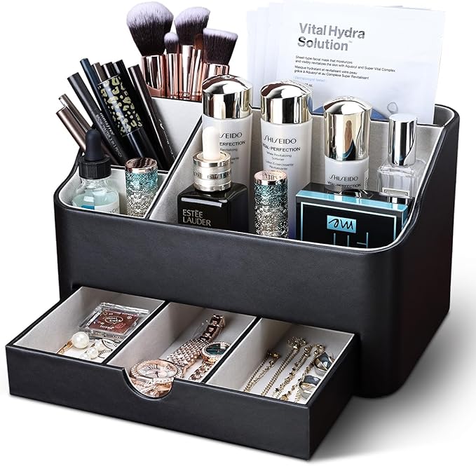 KINGFOM Desk Organizer with Drawer, Multifunction Pencil Holder for Desk, Desk Organizer and Accessories 5 Compartments for Home Office Supplies (Black)
