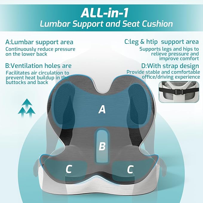 Memory Foam Seat Cushion,Office Chair Cushion with Lumbar Support,L-Shape Ergonomic Cushions with Strap,Non-Slip Sciatica,Hemorrhoids, Tailbone Pain Relief for Office Workers,Driver (Black+Light Gray)