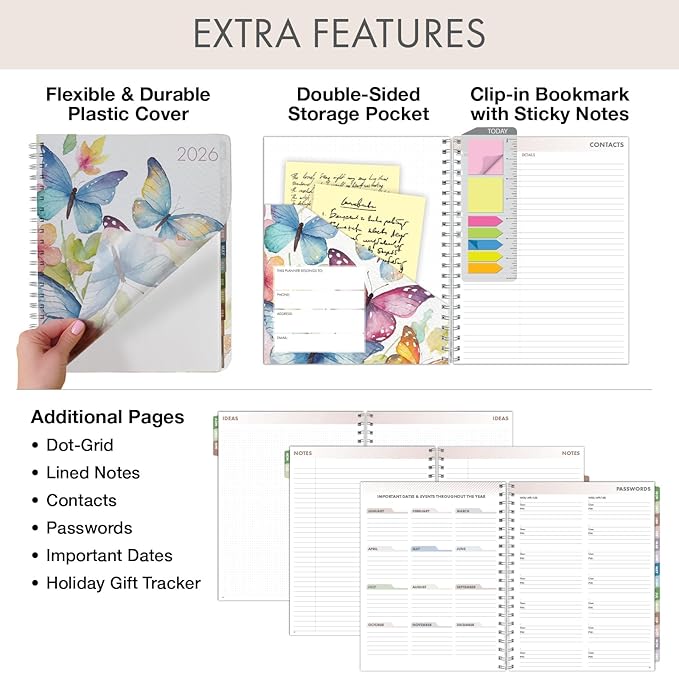 Essential PRO 2026 Daily, Weekly & Monthly Planner, 8.5"x11": 14 Months (Nov 2025 - Dec 2026) Monthly Tabs,Daily Tracking,Notes Pages,Storage Pocket,Bookmark w Sticky Notes (Watercolor Butterflies)
