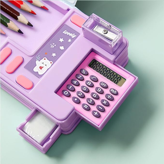 Pop Up Multifunction Pencil Case, Cute Cartoon Pen Box Organizer Stationery with Calculators, Sharpener, Schedule, School Supplies, Best Birthday Gifts for Kids Teens (Purple)
