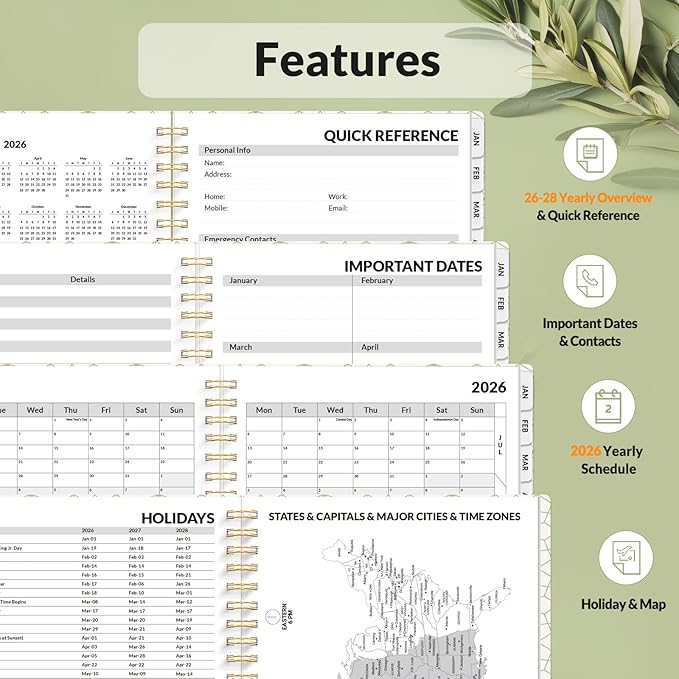 SUNEE 2026 Planner, Weekly and Monthly Calendar Planner, January 2026-December 2026, Daily Agenda with Tabs, Note Pages, Spiral Binding, 6.4"x8.3", Eucalyptus
