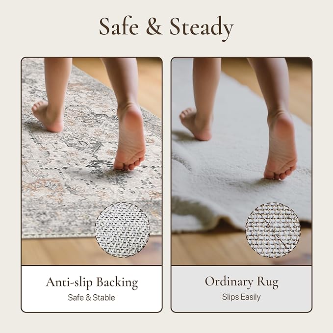 GENIMO Runner Rug 2'6"x6 Machine Washable Non Slip Vintage Hallway Runner Rug, Low Pile Lightweight Rugs for Indoor Entryway, Hallway, Kitchen and Corridor, Light Taupe Brown