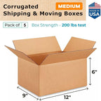 Medium Moving & Shipping Boxes 12 x 9 x 6 inches (5-Pack) - Extra Strength 200 lb vs Regular - Corrugated Medium Moving Box, Made in USA - Packaging Box by IDL Packaging