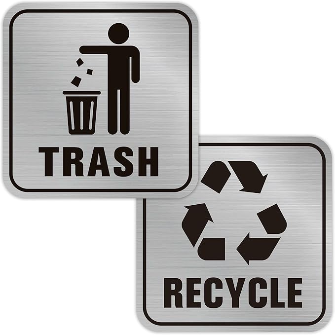 2PCS Recycle Stickers for Trash Bins, Self-Adhesive Waterproof Brushed Silver Trash and Recycling Stickers for Trash Can, Kitchen, Office, Garbage Bin Indoor, Outdoor Use