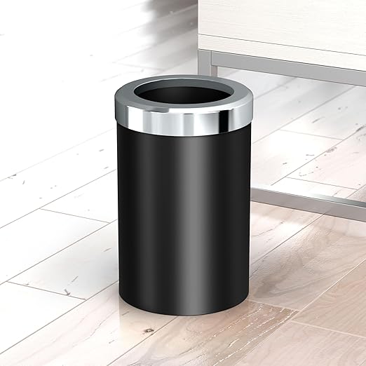 Gatco Modern Round Wastebasket, Matte Black and Chrome Combo - Stainless Steel Trash Can with Removable Lid, Leakproof, 3 Gallon Capacity for Bathroom, Bedroom, Kitchen, or Office