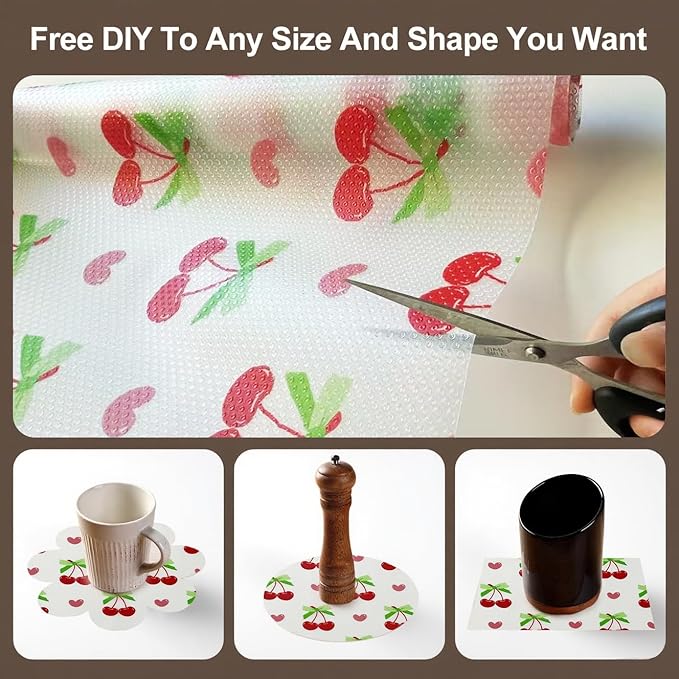 Cherry Shelf Liner for Kitchen Cabinets - Non-Adhesive Drawer Liner, Washable Non-Slip Fridge Liners for Shelves, Refrigerator Mats, Waterproof Kitchen Drawer Organizer