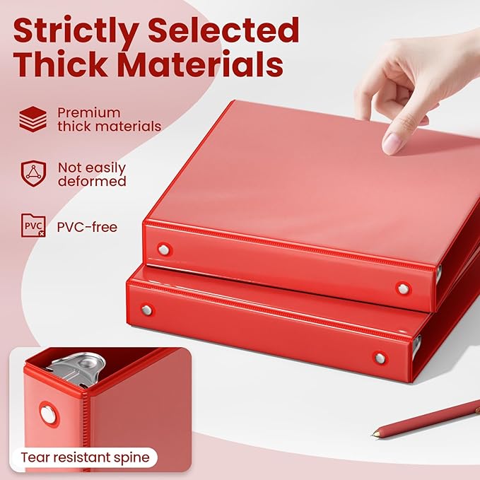 SUNEE 3 Ring Binder 1 Inch 1 Pack, Clear View Three Ring PVC-Free (Fit 8.5x11 Inches) for School or Office Supplies, Red