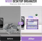 SHARKWOODS 5-Tier Wood Desk Organizer, Paper Tray Organizer for Desk with Adjustable Storage Shelves, Desktop File Organization Paper Sorter Mail Holder for Office Home Classroom, Purple