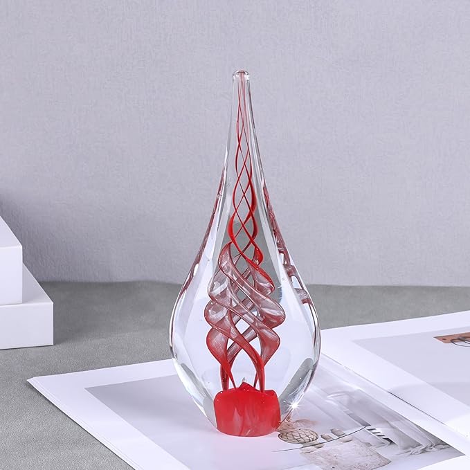 LCCCK 9" Tall Sculpture Hand Blown Glass Decor, Paperweight for Office Desk, Modern Glass Art Figurines Mediterranean Beach House Decor, Living Room Coffee Shelves Table Top Decoration (Swirl Red)
