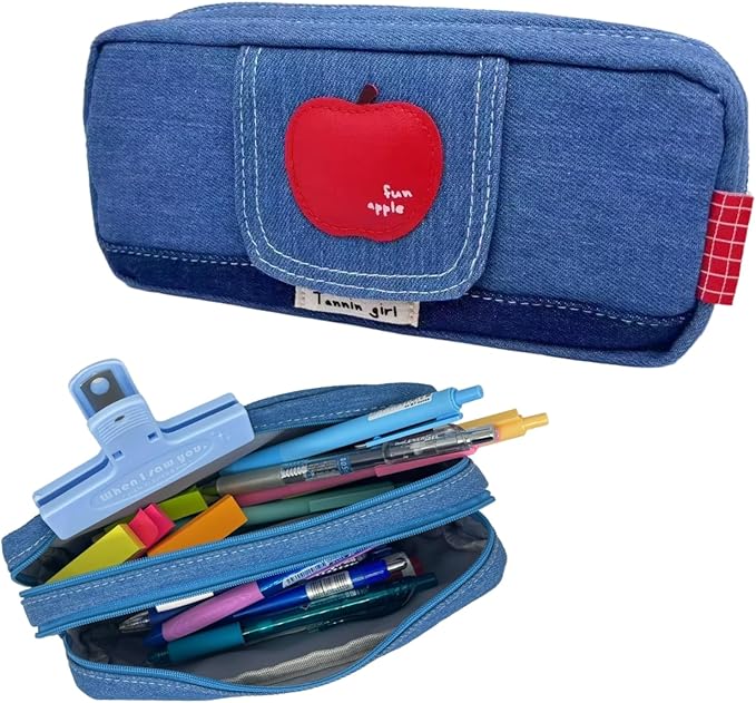 Haumei Canvas Pencil Case Large Capacity, Big Denim Pen Pouch with Zipper, Cute Durable Portable Stationary Storage Bag Organizer for Adults Women, Light Blue, Apple
