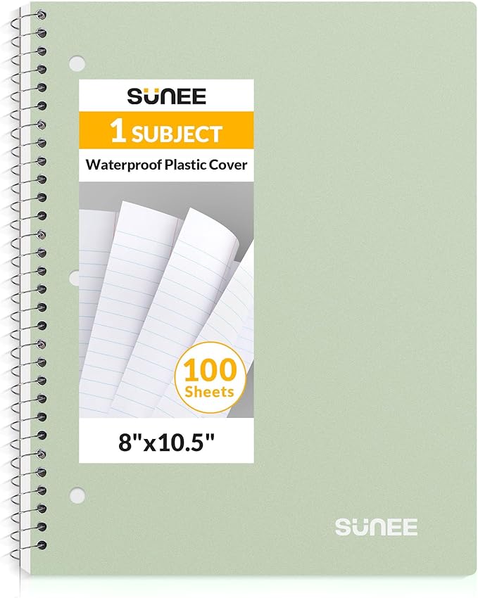 SUNEE Spiral Notebook, 1-Subject, Wide Ruled Paper, 8" x 10-1/2", 100 Sheets per Notebook, 3-Hole Punched Paper, Water Resistant Cover, Double-sided Pockets, Spiral Lined Notebooks for School, Green