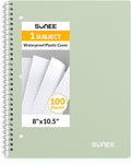 SUNEE Spiral Notebook, 1-Subject, Wide Ruled Paper, 8" x 10-1/2", 100 Sheets per Notebook, 3-Hole Punched Paper, Water Resistant Cover, Double-sided Pockets, Spiral Lined Notebooks for School, Green