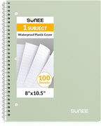 SUNEE Spiral Notebook, 1-Subject, Wide Ruled Paper, 8" x 10-1/2", 100 Sheets per Notebook, 3-Hole Punched Paper, Water Resistant Cover, Double-sided Pockets, Spiral Lined Notebooks for School, Green